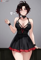 Rule 34 | 1girl, absurdres, alternate breast size, alternate costume, artist name, bare shoulders, black choker, black dress, black hair, bluefield, breasts, choker, cleavage, dress, frills, grey background, grey eyes, hand up, heart, highres, large breasts, looking at viewer, multicolored hair, red hair, ruby rose, rwby, short dress, short hair, simple background, solo, thighs, two-tone hair