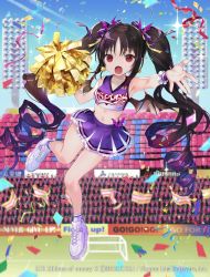 1girl, :o, armpits, bare shoulders, black hair, breasts, cheerleader, confetti, crop top, drill hair, frilled skirt, frills, hair ribbon, highres, holding, long hair, looking at viewer, medium breasts, midriff, miniskirt, natsuiro xx, navel, official art, open mouth, outstretched arm, pleated skirt, pom poms, purple shirt, purple skirt, red eyes, ribbon, shirt, shoes, skirt, sleeveless, sleeveless shirt, sneakers, socks, solo, stomach, thighs, twin drills, twintails, very long hair, white legwear, wrist cuffs, z/x