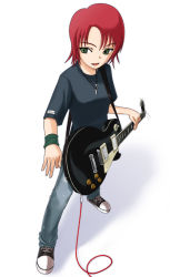 Rule 34 | 00s, 1girl, 40010prototype, cable, converse, denim, electric guitar, gibson les paul, gradient background, green eyes, guitar, instrument, jeans, jewelry, juliet nao zhang, my-otome, necklace, pants, red hair, shoes, short hair, sneakers, solo, wristband, yuuki nao