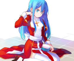 Rule 34 | 1girl, biretta, black footwear, blue eyes, blue hair, bow, closed mouth, commentary request, cross, dress, full body, garter straps, hand in own hair, high heels, high priest (ragnarok online), juliet sleeves, long hair, long sleeves, looking at viewer, puffy sleeves, ragnarok online, red dress, sash, seiza, shatiko, sitting, solo, thighhighs, two-tone dress, white background, white bow, white dress, white sash, white thighhighs