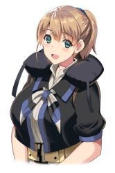 Rule 34 | 1girl, belt, black shirt, blue eyes, breasts, brown hair, grey neckwear, intrepid (kancolle), kantai collection, kyogoku shin, large breasts, looking at viewer, multicolored neckerchief, neck pillow, neckerchief, open mouth, ponytail, shirt, short hair, simple background, smile, solo, upper body, white background