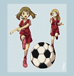 Rule 34 | 2girls, alternate costume, alternate hairstyle, arm at side, artist name, ball, blonde hair, blue eyes, border, breasts, brown hair, child, cleavage, clenched hands, clenched teeth, collarbone, creatures (company), dotted background, eyelashes, facing viewer, flat chest, friends, full body, game freak, gen 3 pokemon, gen 6 pokemon, grey background, grey border, grey eyes, hair ornament, hand up, happy, hat, kicking, legs, low ponytail, may (pokemon), may (pokemon oras), medium hair, multiple girls, neck, nervous, nintendo, official alternate hairstyle, open mouth, outdoors, parted bangs, perspective, playing sports, pokemon, pokemon oras, pokemon xy, ponytail, print shirt, print shorts, red footwear, red shirt, red shorts, running, serena (pokemon), shiny clothes, shiny skin, shirt, shoes, short ponytail, short sleeves, shorts, side bangs, simple background, sneakers, soccer, soccer ball, soccer uniform, socks, sportswear, standing, standing on one leg, t-shirt, teeth, thighs, unworn bow, unworn hair ornament, unworn hat, unworn headwear, unworn ribbon, velkia, worried
