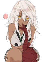 Rule 34 | 1girl, asymmetrical legwear, bandages, blush, breasts, cleavage, covered mouth, guilty gear, guilty gear strive, hair between eyes, large breasts, long hair, looking at viewer, maka (morphine), navel, ramlethal valentine, solo, speech bubble, squatting, thigh strap, thighs, yellow eyes