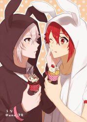 Rule 34 | 2boys, :q, animal hood, artist name, brown eyes, cupcake, food, food on face, fruit, hair between eyes, hand on another&#039;s face, highres, holding, holding food, hood, hood up, idolish7, kujou tenn, long sleeves, looking at another, male focus, multiple boys, nanase riku, one eye closed, orange background, outline, polka dot, polka dot background, rabbit hood, red eyes, red hair, short hair, short sleeves, strawberry, tongue, tongue out, twitter username, unapoppo, upper body, white hair, white outline