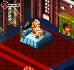Rule 34 | 1boy, 1girl, animated, artist logo, artist name, bed, bouncing breasts, breasts, crown, elbow gloves, facial hair, fireplace, girl on top, gloves, hetero, indoors, looping animation, mario, mario (series), mayin, medium breasts, mustache, nintendo, nude, on bed, pixel art, princess peach, reverse cowgirl position, sex, sex from behind, straddling, super mario rpg, video, white gloves
