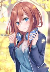 Rule 34 | 1girl, blue cardigan, blue eyes, blue jacket, blush, breasts, brown hair, cardigan, closed mouth, collared shirt, commentary request, day, dress shirt, go-toubun no hanayome, hair between eyes, hakuda tofu, hands up, headphones, headphones around neck, highres, holding, jacket, long hair, long sleeves, looking at viewer, medium breasts, nakano miku, open clothes, open jacket, outdoors, shirt, sidelocks, smile, solo, upper body, white shirt