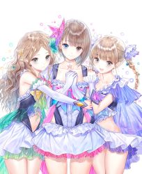 Rule 34 | 3girls, :d, absurdres, blue eyes, blue reflection, blue reflection (series), bow, braid, breasts, brown eyes, brown hair, cleavage, collarbone, cowboy shot, flower, frills, girl sandwich, gloves, hair bow, hair flower, hair ornament, hands on another&#039;s shoulder, heterochromia, highres, jewelry, kishida mel, looking at viewer, multiple girls, navel, necklace, official art, open mouth, own hands together, sandwiched, shijou raimu, shijou yuzuki, shirai hinako, short hair, small breasts, smile, twin braids, wavy hair