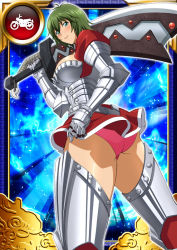 Rule 34 | 00s, 1girl, armor, ass, breasts, card (medium), curvy, female focus, green hair, huge ass, ikkitousen, kyocho chuukou, large breasts, looking at viewer, looking back, panties, shiny skin, short hair, skirt, smile, solo, standing, sword, underwear, weapon