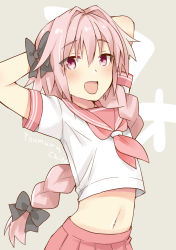Rule 34 | 1boy, arms up, artist name, astolfo (fate), astolfo (sailor paladin) (fate), bad id, bad pixiv id, black bow, blush, bow, braid, crop top, fang, fate/apocrypha, fate (series), hair intakes, highres, long hair, male focus, midriff, navel, official alternate costume, open mouth, pink hair, pink skirt, pleated skirt, school uniform, serafuku, skirt, solo, trap, tsumura chita