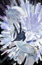 Rule 34 | 1other, absurdres, amputee, androgynous, antarcticite, black gloves, black necktie, closed mouth, cowboy shot, double amputee, gem uniform (houseki no kuni), gloves, grey eyes, hair between eyes, highres, houseki no kuni, looking at viewer, necktie, pale skin, reaching, reaching towards viewer, rsef, shirt, shorts, solo, white hair, white shirt, white shorts