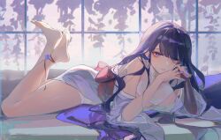 Rule 34 | 1girl, bare legs, blunt bangs, breasts, commentary request, genshin impact, highres, large breasts, long hair, looking at viewer, lying, on stomach, purple eyes, purple hair, purple nails, raiden shogun, red sash, sash, solo, thighs, yutou (yutou75)