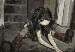 Rule 34 | 1girl, arm support, black eyes, black footwear, black hair, faux traditional media, felurya, full body, highres, impasto, indoors, leaning forward, leg warmers, long hair, looking at viewer, muted color, no mouth, original, red leg warmers, solo, spread legs