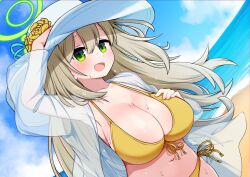 Rule 34 | 1girl, :d, arm up, beach, bikini, blue archive, blue sky, blush, breasts, cleavage, cloud, commentary request, dutch angle, flower, green eyes, halo, hat, hat flower, jacket, large breasts, light brown hair, long hair, looking at viewer, nonomi (blue archive), nonomi (swimsuit) (blue archive), ocean, official alternate costume, open mouth, outdoors, paid reward available, samejima retro, sand, see-through, see-through jacket, sky, smile, solo, sun hat, sweat, swimsuit, upper body, yellow bikini