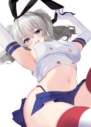 Rule 34 | 1girl, absurdres, bad link, black hairband, black neckerchief, black panties, blue eyes, blue skirt, breasts, cosplay, crop top, elbow gloves, gloves, grey hair, hairband, highleg, highleg panties, highres, kantai collection, kashima (kancolle), large breasts, long hair, looking at viewer, microskirt, miniskirt, neckerchief, panties, pleated skirt, shimakaze (kancolle), shimakaze (kancolle) (cosplay), shirt, simple background, skirt, sleeveless, sleeveless shirt, solo, striped clothes, striped thighhighs, thighhighs, twintails, underwear, wavy hair, white background, white gloves, yoshino (mfmfpng)