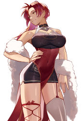 Rule 34 | 1girl, asymmetrical legwear, bare shoulders, breasts, china dress, chinese clothes, covered navel, cowboy shot, dress, fur trim, hair ornament, hairclip, hand on own hip, highres, honkai (series), honkai impact 3rd, large breasts, long hair, looking away, mismatched legwear, murata himeko, murata himeko (vermillion knight), red hair, single thighhigh, skin tight, smile, solo, thighhighs, vic (vedream), white background, white thighhighs, yellow eyes
