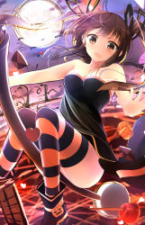 Rule 34 | 1girl, bare shoulders, blush, breasts, brown hair, female focus, full moon, halloween, highres, long hair, magical girl, moon, netarou, open mouth, original, pumpkin, solo, strapless, striped clothes, striped thighhighs, thighhighs, twintails