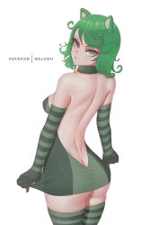 Rule 34 | 1girl, absurdres, animal ears, artist name, ass, back, backless dress, backless outfit, bell, breasts, butt crack, cat ears, closed mouth, curly hair, dimples of venus, dress, elbow gloves, from behind, fur collar, gloves, green dress, green eyes, green hair, highres, jingle bell, looking at viewer, looking back, medium breasts, melowh, neck bell, one-punch man, patreon username, pink thighhighs, revealing clothes, short dress, short hair, simple background, skindentation, solo, striped clothes, striped gloves, striped thighhighs, tatsumaki, thighhighs, white background