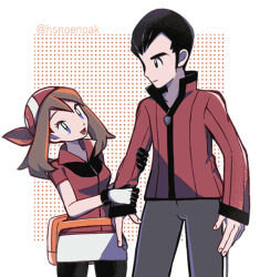Rule 34 | 1boy, 1girl, :d, bandana, bike shorts under skirt, black eyes, black hair, blue eyes, brown hair, closed mouth, collared shirt, commentary request, creatures (company), eyelashes, fanny pack, father and daughter, game freak, gloves, grey pants, holding another&#039;s arm, hsngamess, jacket, may (pokemon), miniskirt, nintendo, norman (pokemon), open mouth, orange bag, pants, pokemon, pokemon rse, red bandana, red jacket, red shirt, shirt, short hair, skirt, smile, tongue, twitter username, white skirt
