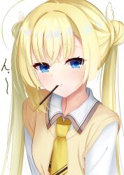 1girl :t absurdres ahoge blonde_hair blunt_ends blush closed_mouth collared_shirt commentary crossed_bangs double_bun eyelashes food food_in_mouth hair_between_eyes hair_bun highres huge_ahoge incoming_pocky_kiss kiki0319i long_hair necktie pocky pocky_in_mouth raised_eyebrows school_uniform shirayuki_noa shirt shy sidelocks simple_background solo straight_hair sweater_vest tenshi_souzou_re-boot! tsurime twintails upper_body white_background white_shirt wing_hair_ornament yellow_necktie yellow_sweater_vest