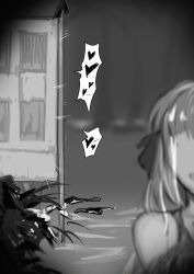 Rule 34 | 1girl, absurdres, bare shoulders, blurry, blurry foreground, character request, depth of field, faceless, faceless female, greyscale, hair ribbon, heart, highres, monochrome, motion lines, outdoors, poster (object), ribbon, saikre, solo, speech bubble, spoken heart