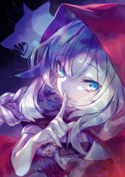 Rule 34 | 1girl, blue eyes, braid, breasts, cloak, emoillu, fate/grand order, fate (series), finger to mouth, heroic spirit festival outfit, hood, hood up, hooded cloak, index finger raised, long hair, looking at viewer, marie antoinette (fate), marie antoinette (festival outfit) (fate), medium breasts, official alternate costume, parted lips, photoshop (medium), puffy short sleeves, puffy sleeves, red cloak, red hood, short sleeves, shushing, silver hair, single braid, smile, very long hair, wolf