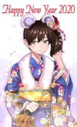Rule 34 | 2020, absurdres, alternate costume, animal ears, arrow (projectile), blue kimono, brown eyes, brown hair, chinese zodiac, fake animal ears, floral print, flower, hair flower, hair ornament, hamaya, happy new year, highres, himeyamato, holding, holding arrow, japanese clothes, kaga (kancolle), kantai collection, kimono, long hair, mouse ears, new year, obi, print kimono, sash, side ponytail, solo, wide sleeves, year of the rat