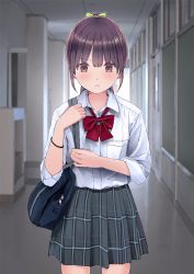 Rule 34 | 1girl, bag, blush, bow, bowtie, brown eyes, chikuwa (odennabe), closed mouth, collared shirt, door, frown, grey skirt, hallway, holding, holding bag, indoors, long hair, long sleeves, looking at viewer, original, plaid, plaid skirt, pleated skirt, ponytail, purple hair, red bow, red bowtie, school, school bag, shirt, skirt, solo, standing, white shirt