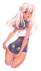 Rule 34 | 10s, 1girl, adjusting clothes, adjusting swimsuit, ass, bad id, bad pixiv id, blue eyes, blush, crop top, dark-skinned female, dark skin, flower, hair flower, hair ornament, kantai collection, long hair, looking at viewer, one-piece swimsuit, one-piece tan, open mouth, ro-500 (kancolle), sailor collar, school swimsuit, solo, swimsuit, swimsuit under clothes, tan, tanline, white hair, zucchini