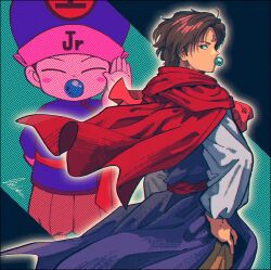 Rule 34 | 2boys, black eyes, blush stickers, brown hair, cape, dual persona, hand on own hip, hat, highres, japanese clothes, koenma, kwsby 124, long sleeves, looking at viewer, looking back, male focus, multiple boys, pacifier, purple headwear, red cape, short hair, upper body, yuu yuu hakusho