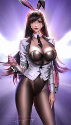 Rule 34 | 1girl, animal ears, black hair, black leotard, breasts, brown eyes, cleavage, covered navel, detached collar, earrings, fake animal ears, final fantasy, final fantasy vii, final fantasy vii remake, highleg, highleg leotard, highres, jewelry, large breasts, leotard, liang xing, lips, long hair, looking at viewer, nail polish, pantyhose, parted lips, playboy bunny, rabbit ears, signature, solo, square enix, strapless, strapless leotard, swept bangs, tifa lockhart, waistcoat, watermark, web address, wrist cuffs