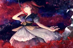 Rule 34 | 1girl, hair bobbles, hair ornament, highres, meiji (charisma serve), onozuka komachi, red eyes, red hair, scythe, short hair, smile, solo, touhou, twintails, two side up