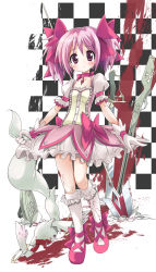 Rule 34 | 10s, 1girl, bad id, bad pixiv id, blood, blood stain, blush, bow, bubble skirt, checkered background, choker, gloves, gun, hair bow, hair ribbon, highres, jewelry, kaname madoka, kneehighs, kyubey, magical girl, mahou shoujo madoka magica, mahou shoujo madoka magica (anime), mima chi, pendant, pink hair, polearm, puffy sleeves, purple eyes, ribbon, rifle, shield, shoes, short hair, short twintails, skirt, socks, spear, sword, tail, tail grab, tears, twintails, violence, weapon, white gloves, white socks