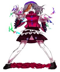 Rule 34 | 1girl, blood, chamaruk, fangs, fingernails, grey hair, hat, highres, jiangshi, miyako yoshika, ofuda, open mouth, outstretched arms, pale skin, purple eyes, short hair, simple background, skirt, solo, stitches, touhou, white background, zombie pose