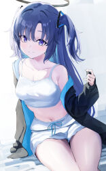 Rule 34 | 1girl, absurdres, black jacket, blue archive, blue eyes, blue hair, breasts, camisole, cleavage, closed mouth, collarbone, crop top, cropped shirt, drawstring, hair ornament, halo, hand up, highres, jacket, long hair, looking at viewer, mechanical halo, medium breasts, midriff, navel, off shoulder, short shorts, shorts, sitting, smile, solo, thigh gap, thighs, tied drawstring, two side up, u22yume, white camisole, white shorts, yuuka (blue archive)