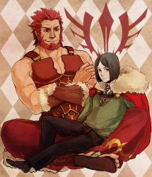 Rule 34 | 2boys, argyle, argyle background, argyle clothes, armor, bad id, bad pixiv id, bare shoulders, beard, black eyes, black hair, cape, command spell, crossed arms, facial hair, fate/stay night, fate/zero, fate (series), imanatsu, iskandar (fate), male focus, multiple boys, necktie, parted bangs, red eyes, red hair, sandals, short hair, waver velvet