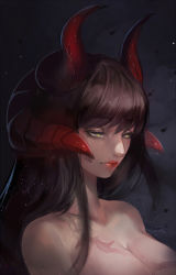 Rule 34 | 1girl, aurora rokudo, breasts, brown hair, cleavage, closed mouth, collarbone, demon girl, demon horns, eyelashes, green eyes, highres, horns, large breasts, lips, lipstick, long hair, makeup, nose, nude, original, pink lips, portrait, scar, solo