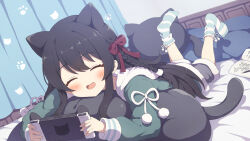 Rule 34 | 1girl, animal ears, bed, bed sheet, black hair, blush, bow, braid, cat-shaped pillow, cat ears, closed eyes, commission, curtains, game console, hair bow, handheld game console, highres, holding, holding handheld game console, indoors, long hair, looking at viewer, lying, on stomach, open mouth, original, sidelocks, skeb commission, smile, socks, solo, striped clothes, striped socks, tyakomes