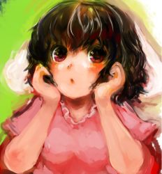 Rule 34 | 1girl, animal ears, bad id, bad pixiv id, black hair, blush, female focus, hands on own cheeks, hands on own face, highres, inaba tewi, maccha cocoa, maccha cocoa (mococo), rabbit ears, red eyes, short hair, solo, touhou, upper body