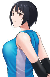 Rule 34 | 1girl, black hair, blue shirt, breasts, brown eyes, closed eyes, closed mouth, commentary request, elbow pads, flexible, hashi, looking at viewer, medium breasts, original, shirt, short hair, shoulder blades, single stripe, solo, stretching, tomboy, white stripes