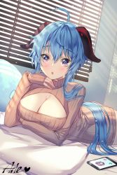 Rule 34 | 1girl, ahoge, aile (crossroads), blue hair, blush, breasts, commentary request, ganyu (genshin impact), genshin impact, highres, horns, large breasts, long hair, looking at viewer, meme attire, open-chest sweater, purple eyes, signature, solo, sweater