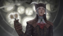 Rule 34 | 1girl, absurdres, ascot, blonde hair, blood, bloodborne, blue eyes, cape, coat, ascot, flower, gem, gloves, hat, hat feather, highres, holding, lady maria of the astral clocktower, long hair, looking at viewer, ponytail, solo, the old hunters, tricorne, turtle king, white hair
