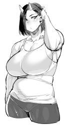 Rule 34 | 1girl, asymmetrical bangs, belly, blush, breasts, cropped legs, curvy, earrings, elf-san wa yaserarenai., greyscale, hair over one eye, hand up, highres, horns, huge breasts, jewelry, looking at viewer, looking to the side, monochrome, muscular, muscular female, oga (elf-san wa yaserarenai.), ogre, oni, oni horns, playing with own hair, plump, pointy ears, short hair, simple background, slit pupils, solo, standing, sweat, synecdoche, tank top, thick arms, thick thighs, thighs, white background