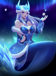 Rule 34 | 1girl, alternate costume, alternate hair color, aurora, bare shoulders, breasts, cleavage, collarbone, commentary request, detached collar, fur trim, gauntlets, hand up, helmet, highres, kezi, large breasts, league of legends, long hair, looking at viewer, mermaid, monster girl, nami (league of legends), parted lips, purple eyes, purple lips, scales, silver hair, smile, snowflake print, snowflakes, solo, tail, winter wonder nami