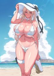 Rule 34 | 1girl, absurdres, beach, bikini, blonde hair, breasts, choker, cleavage, collarbone, day, flip-flops, graf zeppelin (kancolle), hat, highres, holding, holding clothes, holding footwear, huge breasts, kantai collection, looking at viewer, outdoors, purple eyes, sandals, side-tie bikini bottom, sidelocks, skindentation, smile, solo, sun hat, swimsuit, tan, twintails, umauma (trggercross), upper body, white bikini, wide hips