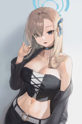 Rule 34 | 1girl, absurdres, alternate costume, asuna (blue archive), belt, black choker, black coat, black skirt, blue archive, blue eyes, blue halo, blue ribbon, breasts, choker, cleavage, coat, collarbone, hair over one eye, hair ribbon, halo, highres, large breasts, laza (0ldsong), light brown hair, long hair, long sleeves, looking at viewer, mole, mole on breast, navel, open clothes, open coat, open mouth, ribbon, skirt, solo, white belt