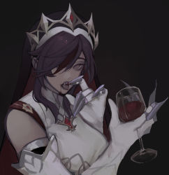 Rule 34 | 1girl, absurdres, alcohol, artist name, black background, coif, commentary, cup, drinking glass, elbow gloves, fangs, finger to mouth, genshin impact, glass, gloves, hair over one eye, highres, looking at viewer, lynune, open mouth, red eyes, red hair, rosaria (genshin impact), sleeveless, sleeveless turtleneck, solo, teeth, tiara, tongue, tongue out, turtleneck, upper body, vampire, wine, wine glass