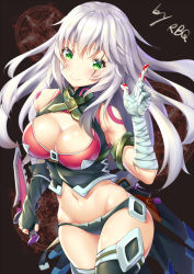Rule 34 | 1girl, aged up, alternate breast size, alternate hair length, alternate hairstyle, bad id, bad pixiv id, bandaged arm, bandages, bare shoulders, black panties, blood on hands, blush, breasts, cleavage, commentary request, fate/apocrypha, fate (series), gloves, green eyes, jack the ripper (fate/apocrypha), large breasts, long hair, looking at viewer, navel, panties, scar, silver hair, smile, solo, underwear, weapon, xi zhujia de rbq