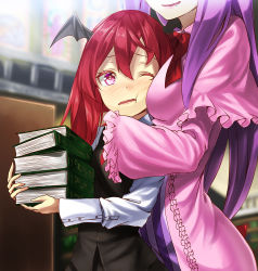 Rule 34 | 2girls, bad id, bad pixiv id, between breasts, blush, book, breast press, breast smother, breasts, face to breasts, female focus, head wings, height difference, holding, holding book, hug, hug from behind, koakuma, long hair, multiple girls, open mouth, patchouli knowledge, pink eyes, purple hair, red hair, saliva, touhou, unowen, wince, wings, you gonna get raped, yuri