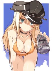 Rule 34 | 10s, 1girl, alcohol, beer, beer can, bikini, bismarck (kancolle), blonde hair, blue eyes, blush, breasts, can, cleavage, cloud, day, drink can, female focus, giving, gradient background, hat, highres, kantai collection, leaning forward, long hair, looking at viewer, medium breasts, navel, ohta yuichi, orange bikini, peaked cap, sky, solo, sweat, swimsuit