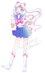 Rule 34 | 1990s (style), 1girl, adapted costume, bad id, bad pixiv id, bishoujo senshi sailor moon, bishoujo senshi sailor moon (first season), blonde hair, blue dress, blue eyes, blue sailor collar, blue skirt, boots, bow, brooch, character name, choker, dress, earrings, elbow gloves, full body, gloves, hair ornament, hairpin, jewelry, knee boots, long hair, magical girl, mask, official alternate costume, one eye closed, pleated skirt, red bow, retro artstyle, ribbon, sailor collar, sailor moon, saki (hxaxcxk), simple background, skirt, smile, solo, tiara, tsukino usagi, twintails, white background, white gloves, wink